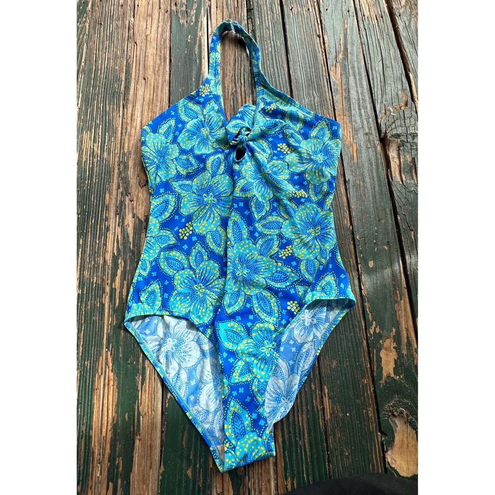Blue Floral Halter One Piece Swimsuit Keyhole Front Shelf Bra Retro Style